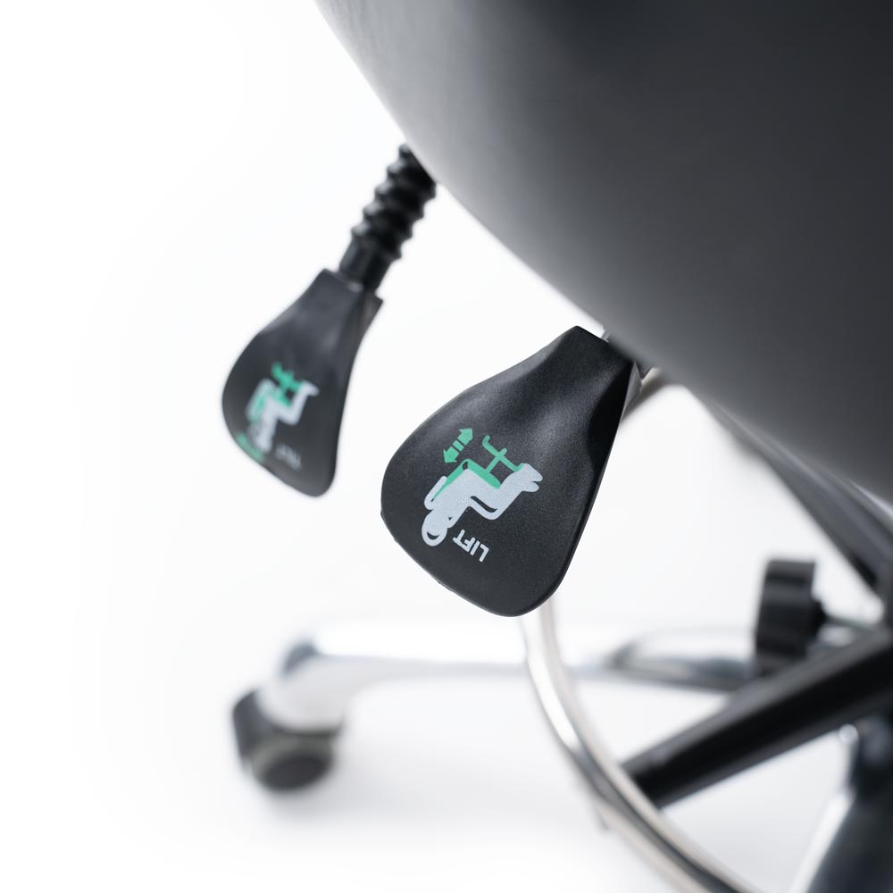 Adjustment levers detail on Adjustable Tattoo Artist Chair 9942 on white background